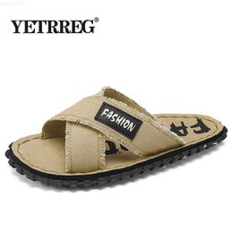 Slippers Men Summer Canvas Slippers Fashion Fabric Home Men's Slippers Outdoor Rubber Flat Men Sandals Casual Slides House Floor Slippers L230718