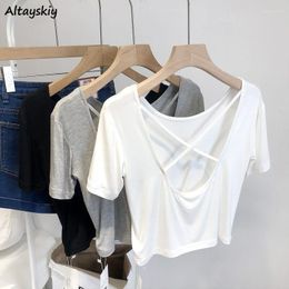 Women's T Shirts Backless T-shirts Women Sweet Unique Criss-cross Summer Female Temperament Casual Tender Korean Style Thin Tops Solid