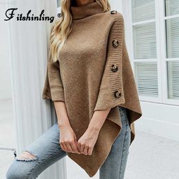 Women's Sweaters Fitshinling Buttons Vintage Knitted Poncho Winter Turtleneck Sweater Bohemian Solid Irregular Cape Femme Irregelar Shl New L230718