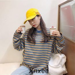 Women's T Shirts 2023 Korean Ulzzang O-Neck Striped T-shirt Women Casual Long Sleeve Kawaii Shirt Female Oversized Tops Tee Xnxee