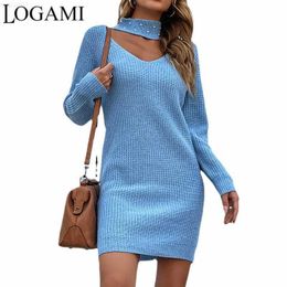 Women's Sweaters LOGAMI Halter Neck Beaded Knitted Sweater Dress 2022 Autumn Winter Long Sweater Mini Dress L230718