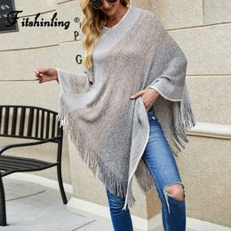 Women's Sweaters Fitshinling Oversized Poncho Femme Winter Sweater Knitwear Patchwork Vintage Boho Tops Fringe Irregular Cloak Loose Capes New L230718