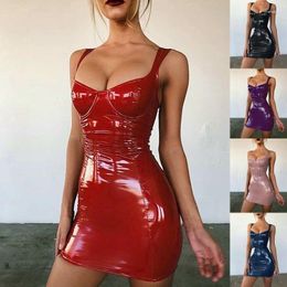 Women's Leather FEOGOR Spring And Summer Sexy Nightclub Bungee Miss Bright Light Wrapped Suspenders Waist PU Sling Dress