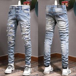 Colour Rip Jeans Man Biker Jeans Slim Fitness Fade Washed Denim Pants310E