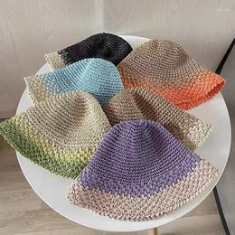 Berets Fashion Gradient Color Handmade Rattan Weave Panama Cap For Women Casual Outdoor Foldable Beach UV Protection Sun Hat Gorras