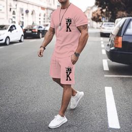 Mens Tracksuits Pink Tshirt Set Crown K Design Print Solid Summer Dress 2Piece Large Short Sleeve 230718