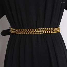 Belts Women's Runway Fashion PU Leather Gold Chain Cummerbunds Female Dress Corsets Waistband Decoration Wide Belt TB2095