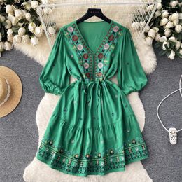 Casual Dresses Summer Dress Boho Embroidery Floral V-neck For Women 2023 Bohemian Loose Vintage Vestidos Elegantes Folk Drop