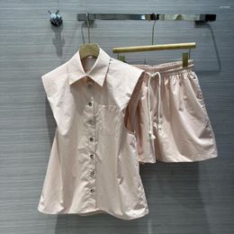 Women's Tracksuits Pink Vest Shirt Suit Shoulder Loose Version Type With Elastic Shorts