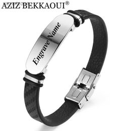 AZIZ BEKKAOUI Engrave Name Black Gold Leather Bracelet Stainless Steel Bracelet Men Bangle Men Jewellery Vintage Gift For Friend L230620