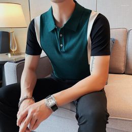 Men's Polos 2023 Summer Contrast Colour Knit Polo Shirts Men Fashion Short Sleeve Knitted Tshirt Lapel Slim Business Casual Clothing