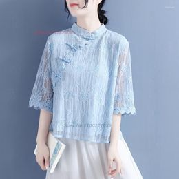 Ethnic Clothing 2023 Women Chinese Traditional Qipao Tops National Service Lace Chiffon Double Layers Blouse Oriental Retro Zen Shirt