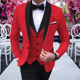 Men's Suits & Blazers 3 Pcs Red Mens With Black Shawl Lapel Party Costume Slim Fit Trajes Para Hombrefor Wedding Prom acket 287I