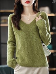 Women's Sweaters Pure Woollen Sweater V-Neck Hollow Out Knitwear Solid Colour Pullover Long Sleeve Top Cashmere Undercoat Autumn Winter