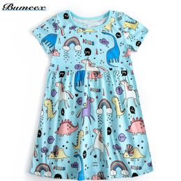 Bumeex Girls Casual Dresses Summer Kids Dinosaur Short-sleeved Clothes Fashion Infant Toddler Dresses 2-7 Years