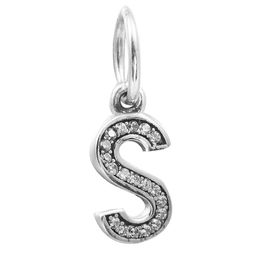 Letter S Dangle with Clear CZ 019 100% 925 Sterling Silver Beads Fit Pandora Charms Bracelet Authentic DIY Fashion Jewelry206U