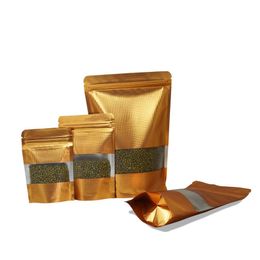 Stand Up Golden Zip Lock Bag Reusable Aluminium Foil Zipper Bag for Food Snack Candy Storage Mylar Bag with Window245S