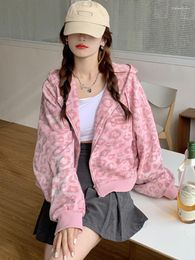 Women's Hoodies Zip Up Hoodie Long Sleeve Oversized Hooded Sweatshirts Pink Leopard Print Short Cardigan Jacket Kawaii Women Y2k Clothes