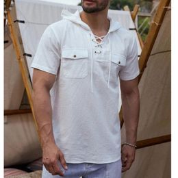 Men's Casual Shirts Mens Cotton Linen Lace Up Short Sleeve Hippie Henley T Shirt With Hooded Double Pocket Renaissance Vintage Top