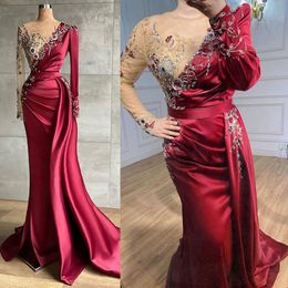 Gorgeous Mermaid Prom Dresses Jewel Long Sleeves Illusion 3D Flower Applicants Beads Detachable Court Gown Satin Custom Made Plus Size Party Dress Vestido De Noite