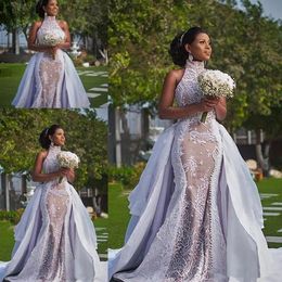 2023 White Lace African Mermaid Wedding Dresses With Detachable Train Modest High Neck Puffy Skirt Sima Brew Country Garden Royal 247a