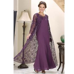 Custom Made Purple Mermaid Mother of the Bride Dresses with Lace Jacket Long Sleeve Ankle Length Formal Gown Chiffon Evening Wear2715