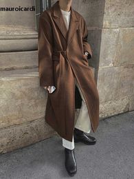 Men's Wool Blends Mauroicardi Autumn Winter Long Brown Black Thick Warm Soft Wool Blends Wrap Coat Men Loose Casual Stylish Korean Fashion 2023 HKD230718