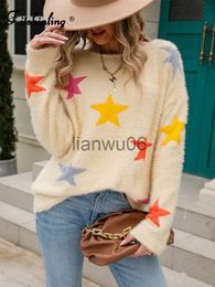 Women's Sweaters Fitshinling Stars Hairy Sweater Women Autumn Winter Jumper Knitwear Long Sleeve Tops Korean Fashion Slim Pullover Soft Jersey J230718