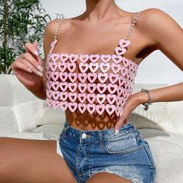 Women s Tanks Camis Pearl Chain Shoulder Straps Streetwear for Women Heart Ring Detail Backless Patchwork Pink Cami Top 230718