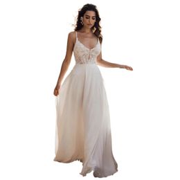 Lace Spaghetti Straps Wedding Dress Simple V Neck Empire Waist Bride Gown Floor Length Casamento Chiffon Abito Da Sposa