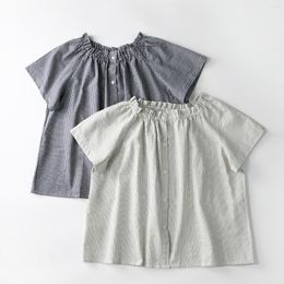 Women's Blouses Cotton Striped Shirring Collar A-line Tunic Babydoll Shirt Casual Summer Japan Kawaii Classy Preppy Old Money Chic Loose Top