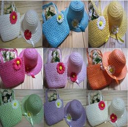 Lovely Sunflower Flower Children sunhat Kids Girl Casual Beach Sun Straw Hat Cap Straw Tote Handbag Bag Set fit Years childZZ