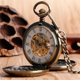 Luxury Silver Bronze Golden Pocket Watch Vintage Skeleton Hand Winding Mechanical Watches Double Hunter Case FOB Pendant Chain286Y189G