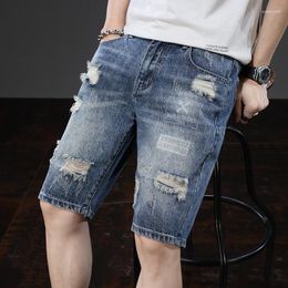 Men's Jeans Denim Shorts Summer Fashion Korean Wear China-Chic Straight Barrel Cropped Pants Perforated