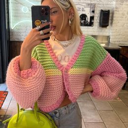 Women's Knits Doury Sweet Cute Cardigan Women Knit Vintage Patchwork Lantern Long Sleeve V-Neck Button-up Short Sweaters Coats 90s Y2k