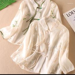 Ethnic Clothing 2023 Summer Embroidery Chinese Style Women Cardigan Top Retro Sun Protection Coat Chiffon Qipao Tangsuit Blouse