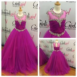 2021 Beautiful Purple Girls Pageant Dresses with Crew Neck and Crystals Details Real Po Rhinestones Pleated Tulle Girls Prom Go255p