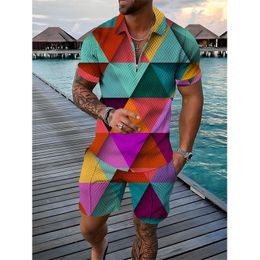 Mens Tracksuits Colourful geometric 3D printing mens track suit short sleeved zippered polo shirt set 2piece oversized street 230718