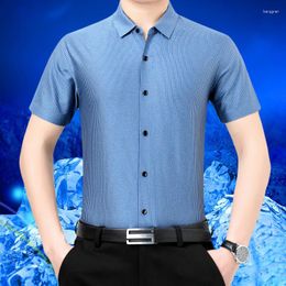 Men's Casual Shirts Cool Summer Mulberry Silk Short Sleeved Men Shirt Business Non-Ironing Trendy Striped Male Fashion Soft Formal Dress