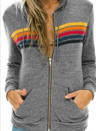 여성 후드 땀 셔츠 여성 패션 까마귀 대형 무지개 스트라이프 긴 소매 스웨트 셔츠 지퍼 포켓 코트 재킷 스프링 캐주얼 V