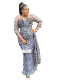 Plus Size Arabic Aso Ebi Silver Mermaid Sparkly Prom Dresses Sheer Neck Crystals Evening Formal Party Second Reception Gowns Dress