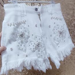 Women's Shorts Denim Summer Fashion Sequin Fairy 3D Beaded Mesh Crystal Rhinestone Flower