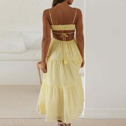 Casual Dresses Midi Dress Elegant Lace-up Backless With Flowy Hem Spaghetti Straps Women's Sexy Bandeau Sling Gown High Waist
