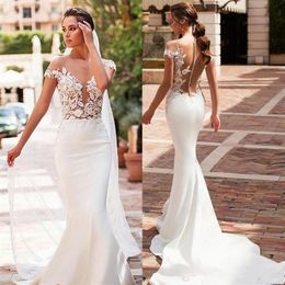 2019 Eddy K Capped Sleeves Mermaid Wedding Dresses Lace Appliques Boho Bridal Gowns Sexy Illusion Back Satin Long Wedding Gowns266m