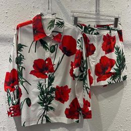 Women's Tracksuits Red RoosaRosee Fashion Cotton Twinset Vintage Turn-down Collar Print Blouse Shorts Resort Suits Set 2023 Spring Summer