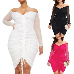 Casual Dresses Women'S Plus Size Sexy Dress Off Shoulder Ruched Bodycon Mesh Long Sleeve Party Cocktail Oversized Drawstring