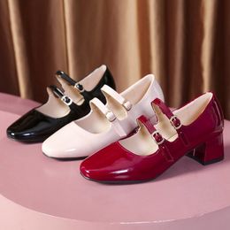 Dress Shoes Fashion Ladies Square Toe Ankle Strappy Womens Thick Heel Shoes Female Patent Leather Mary Janes Pumps Pink Size 40 230717