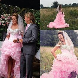 Elegant Pink High Low Wedding Dresses Country Designer Sweetheart Short Front Long Back Bling Crystals Ruffle Wedding Dress Bridal210d