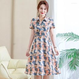 Casual Dresses Lady Stylish Sweet Turn-down Collar Female Clothing Printed Summer Simplicity Button Short Sleeve A-Line Dress