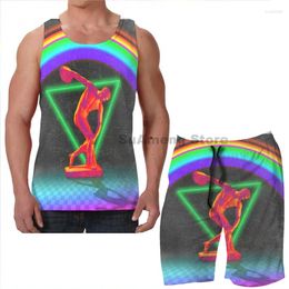 Men's Tracksuits Summer Funny Print Men Tank Tops Women Retrowave Beach Shorts Sets Fitness Vest